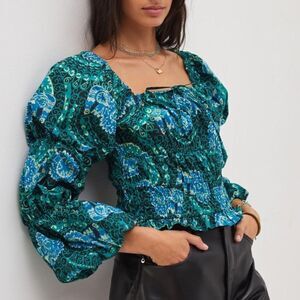 NWT Anthropologie Tiered Poplin Blouse Porridge Green/Blue XS
